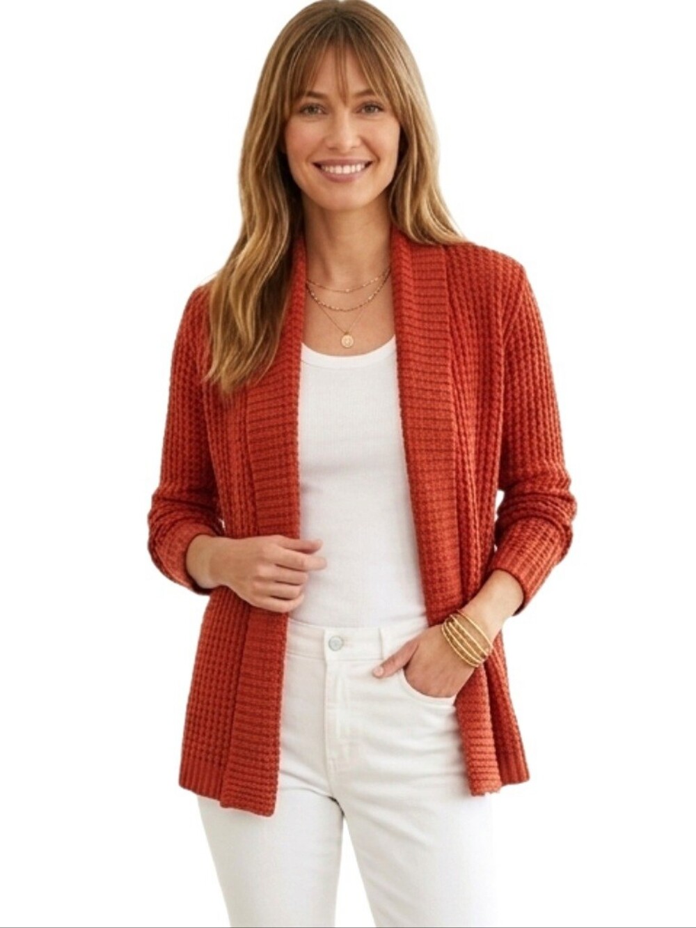 Chicos Womens Travelers Collection Orange Waffle Open Stretch Cardigan Sz 1 (M)